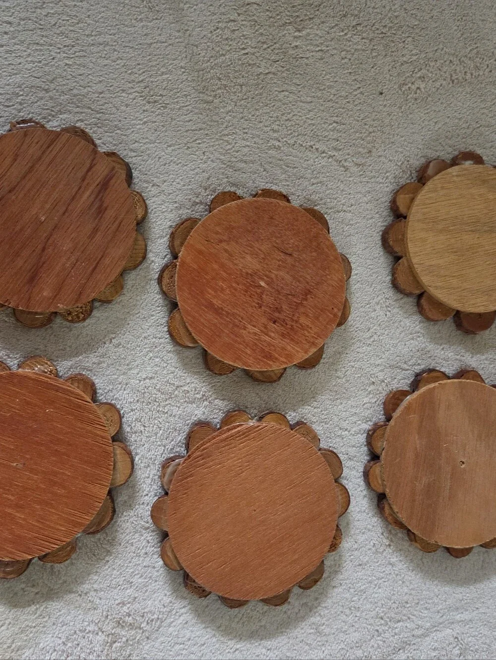 ​Vintage Enesco Wood Slice Coasters Set of 6 Home Sweet Home Brass Stand Cabin C